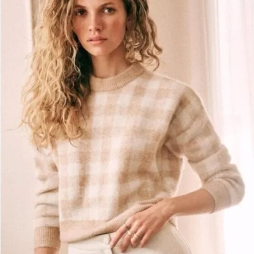 Sezane Becky Gingham Sweater Tan Creme